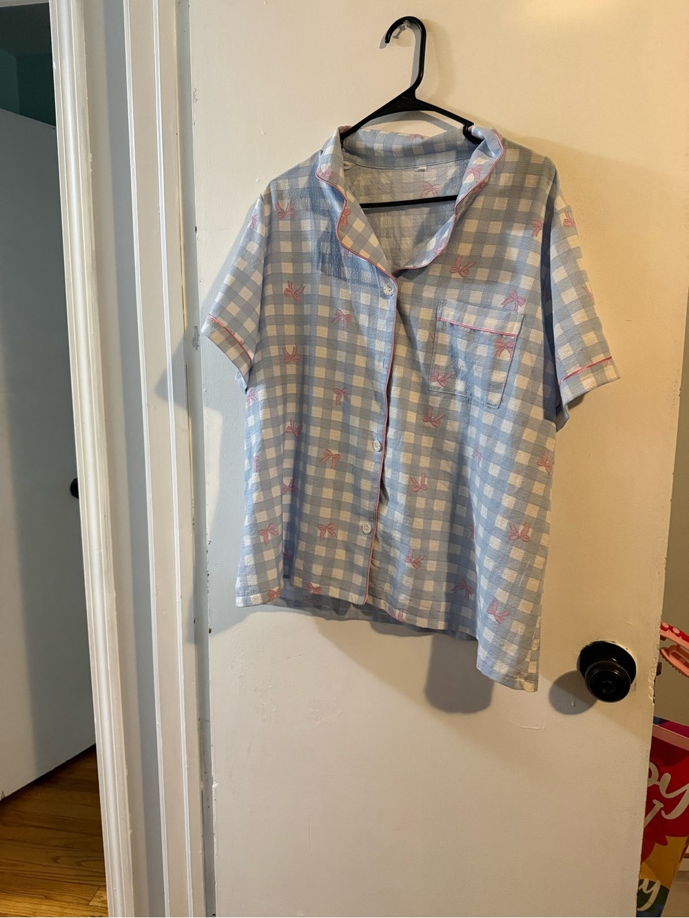 Light Blue Check Short-Sleeve Shirt with Pink Accent